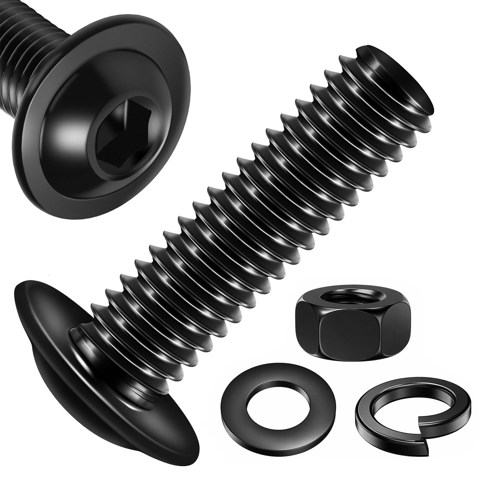 Zynthor 20Pcs M6 x 20mm Flanged Button Head Bolts with Nuts and Flat & Spring Washers, Black 10.9 Grade Alloy Steel Bolts and Nut Set for Machine Fastener