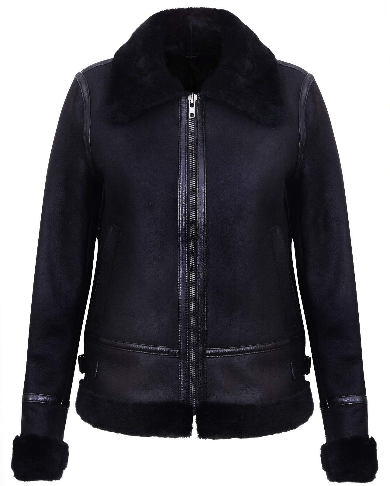 Infnity Leather Women's Black Real WW2 Shearling Sheepskin Aviator Pilot Biker Jacket XL