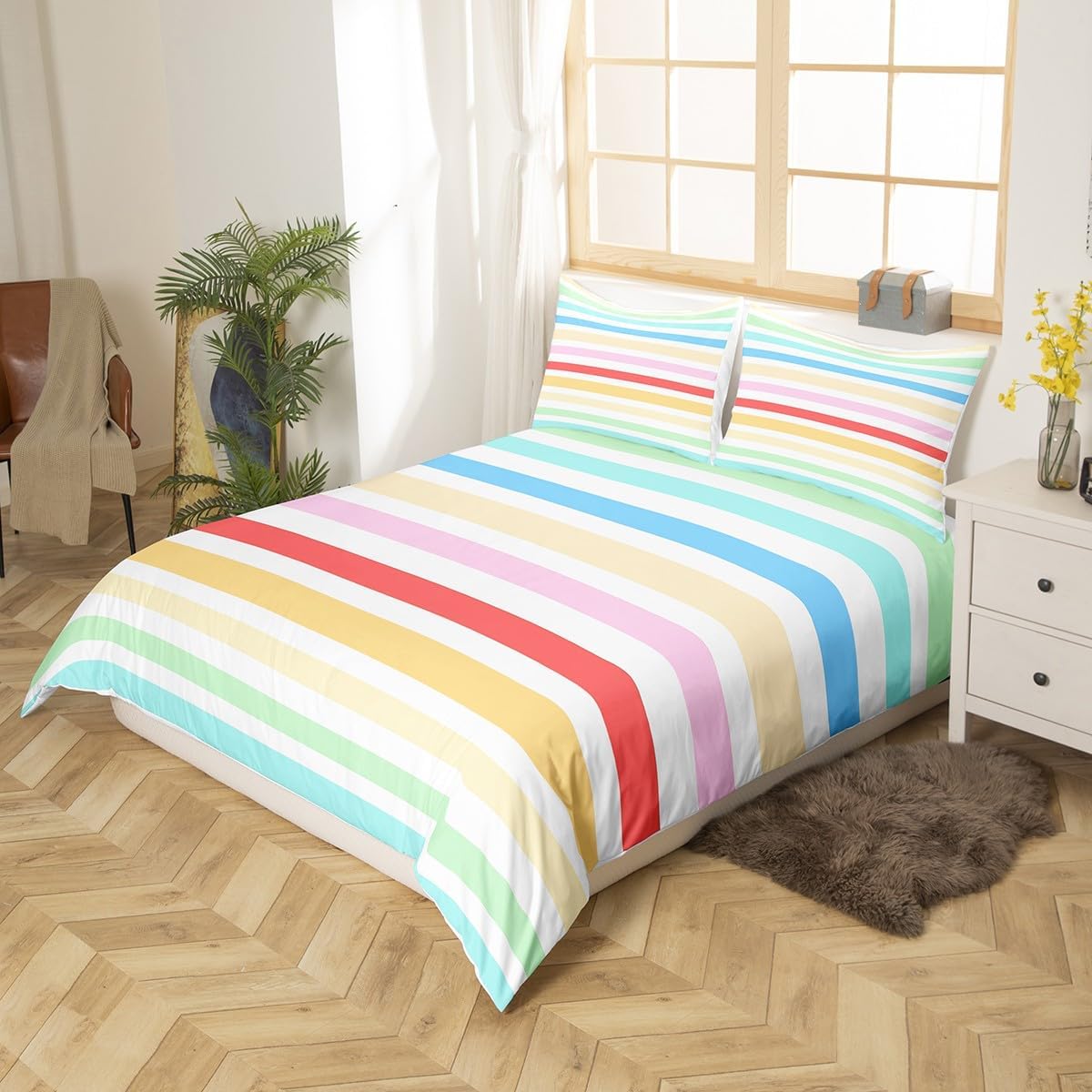 Girls Colorful Stripes Bedding Set,Modern Line Duvet Cover for Teens,Kids Rainbow Gradient Comforter Cover Decorative Room, Watercolor Stripe Quilt Cover with 2 Pillowcases,Full Size(No Comforter)