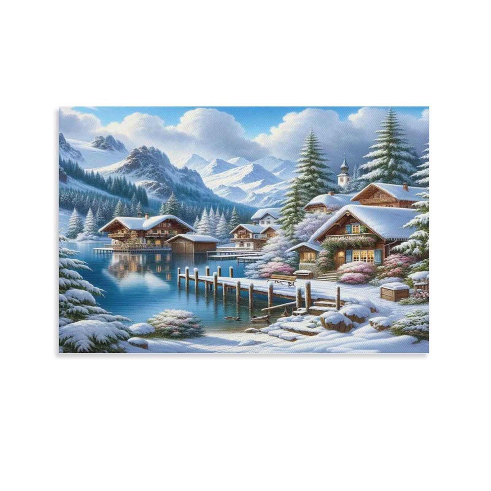 CPLVKWRQJ Snowy Alpine Village Single Snowy Alpine Cottages by Calm Lake Canvas Wall Art - Housewarming Gift Living Room Focal Point Ready to Hang Decor 20x30inch(50x75cm)