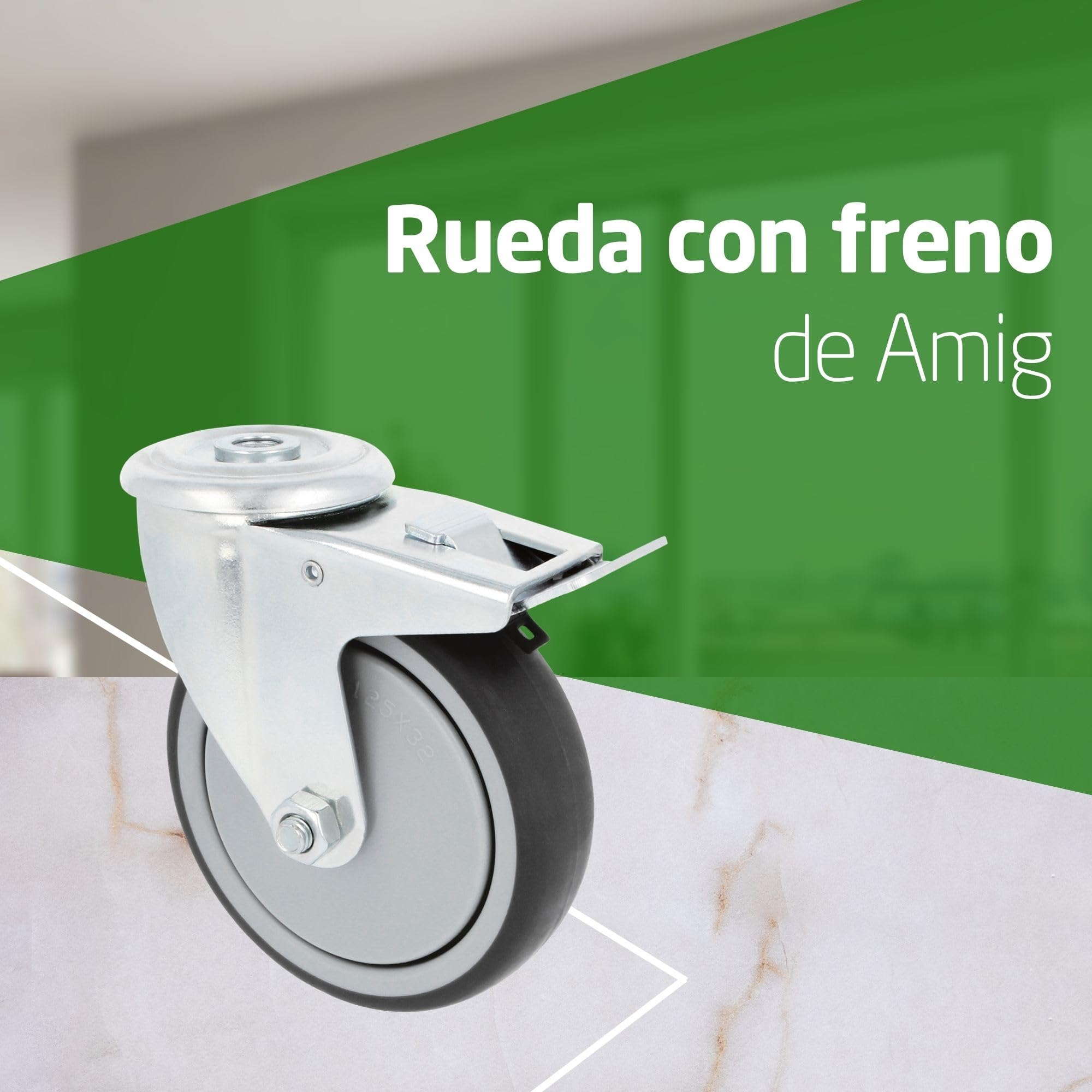 Amig - Pack 4 Ruedas con Freno Para Muebles - Ø 100 mm - Ruedas Giratorias Sin Placa de Montaje - Peso Máximo 110 Kg - Para Mover Muebles Pesados - Rodamientos Rodillos - Núcleo Plástico - Goma Gris
