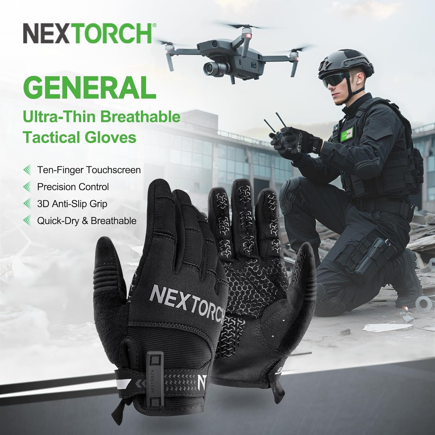 NEXTORCH Tactical Gloves for Men, Ultra-Thin for Motorcycle Riding & Shooting, Touchscreen with High-Dexterity, Quick-Dry Breathable Cordura for Airsoft, Police, and Outdoor Work, Military Combat