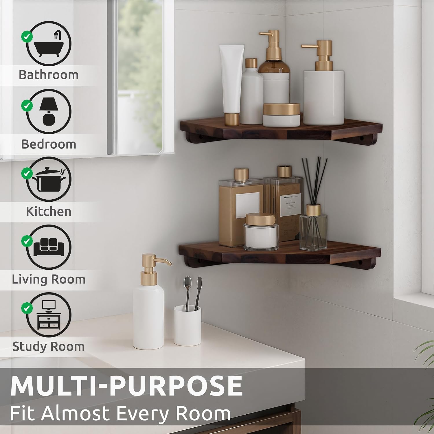 Demigo Hexagon Corner Floating Shelves, 2-Pack Acacia Wood Wall Shelf