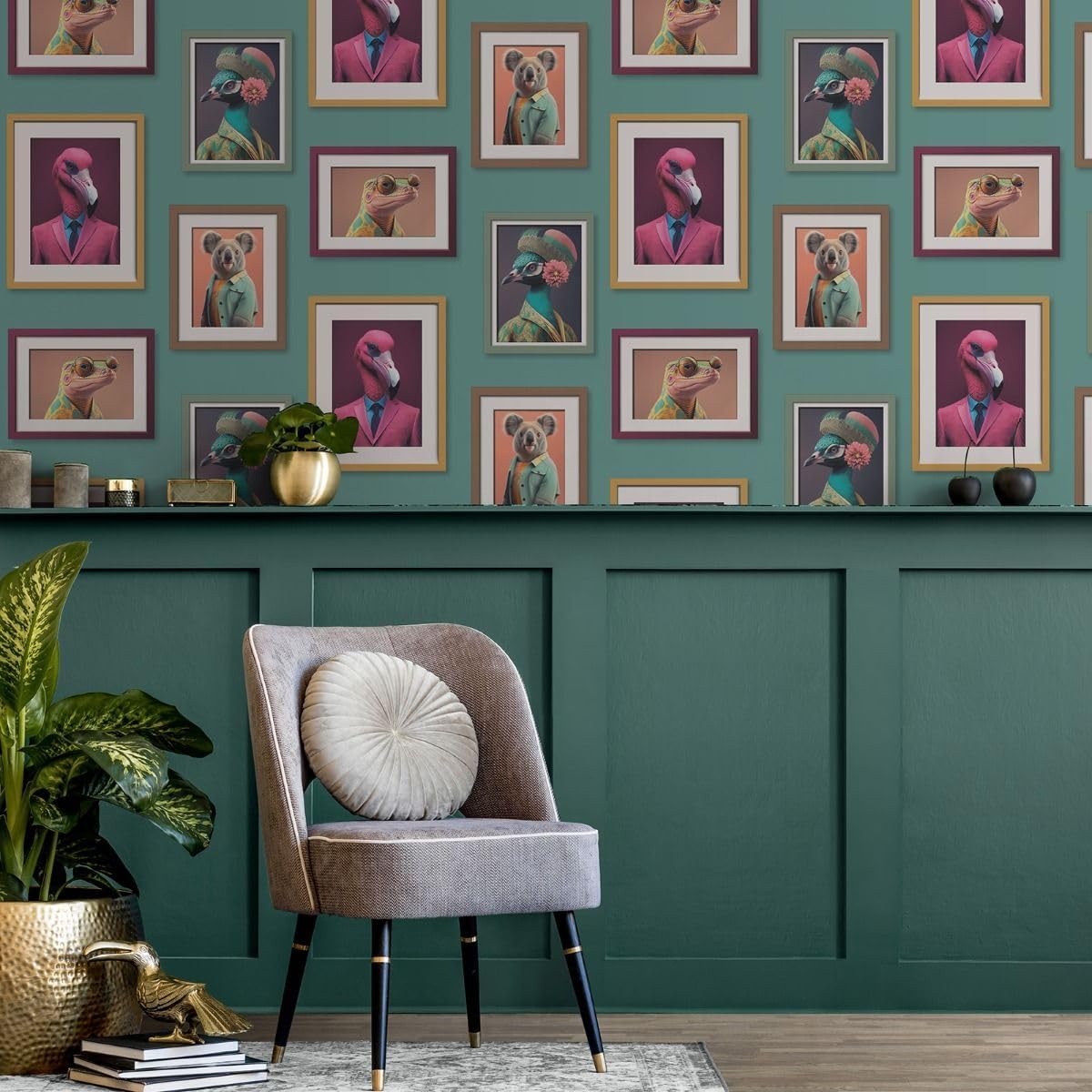 Fantastic Animals Cameleon, Peacock, Koala, Flamingo Wallpaper Multi Muriva 102574