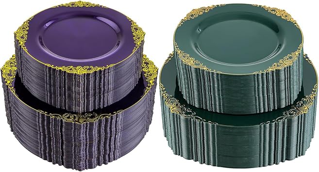 102PCS Purple and Gold Plastic Plates & 102PCS Green and Gold Plates for Party and Wedding