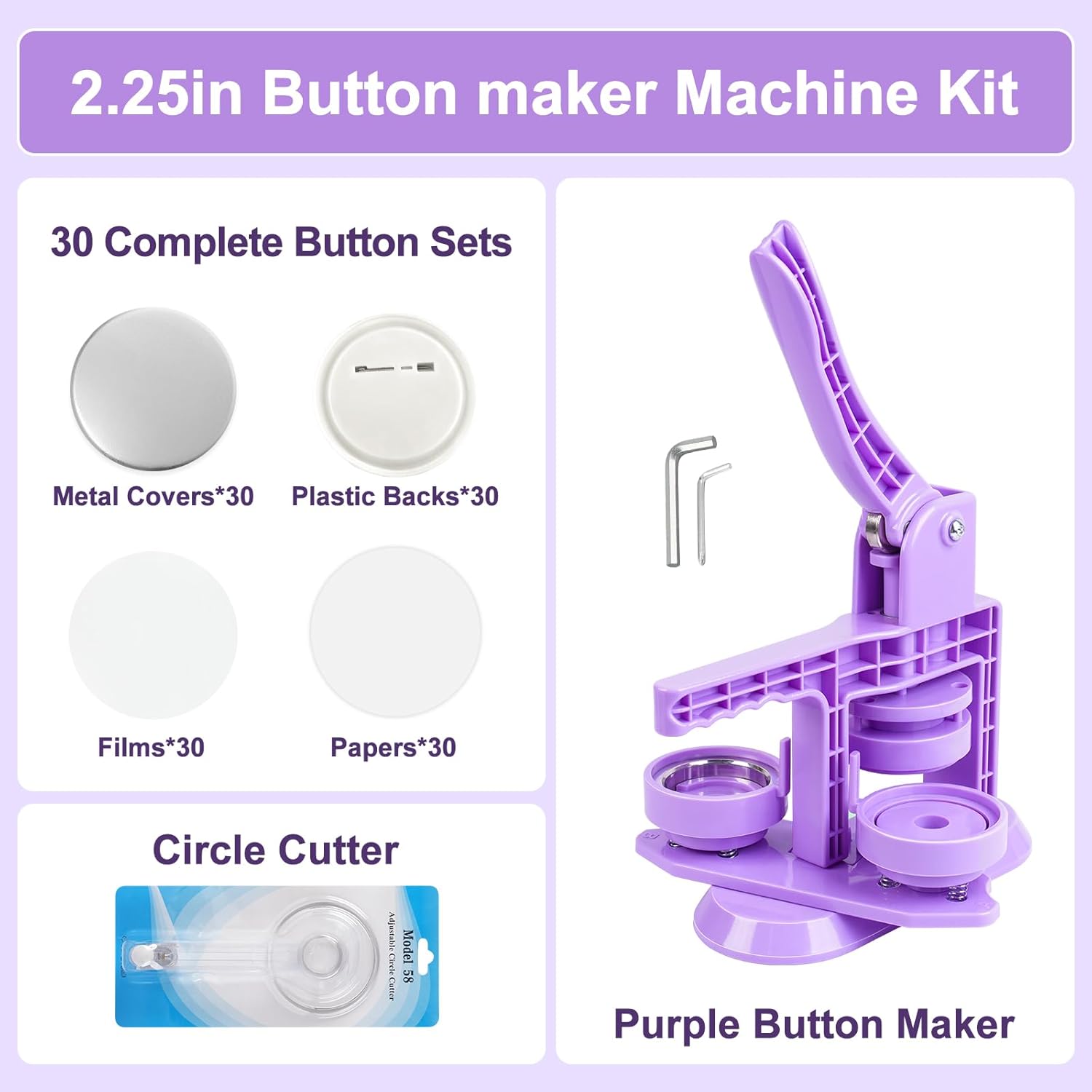 Button Maker Machine 58mm/2.25in, Pin Maker Machine Kit with 30 Buton Parts, DlY Badge Maker, Purple Button Press Machine, Perfect Beginner Experience Kit, Ideal for School, Parties, Events
