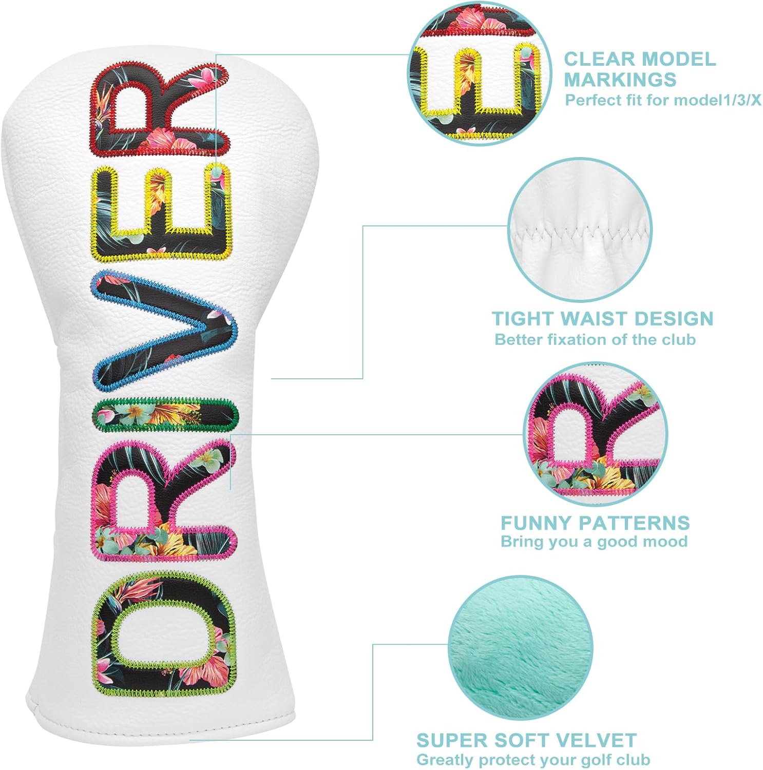 Golf Club Head Covers White for Driver, Fairway Hybrid Woods - 4 Options - Synthetic Leather Driver Headcover, Fairway Wood Head Cover, Golf Hybrid Head Cover