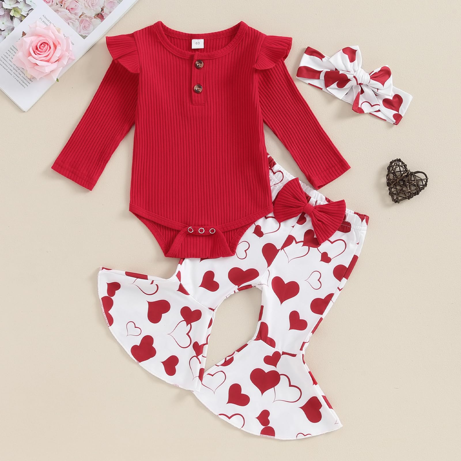 Tsnbre Baby Girl Valentine 's Day Outfits Long Sleeve Letter Heart Print Romper Flare Pants Headband 3Pcs Clothes Set (Heart Print Red, 12-18 Months)