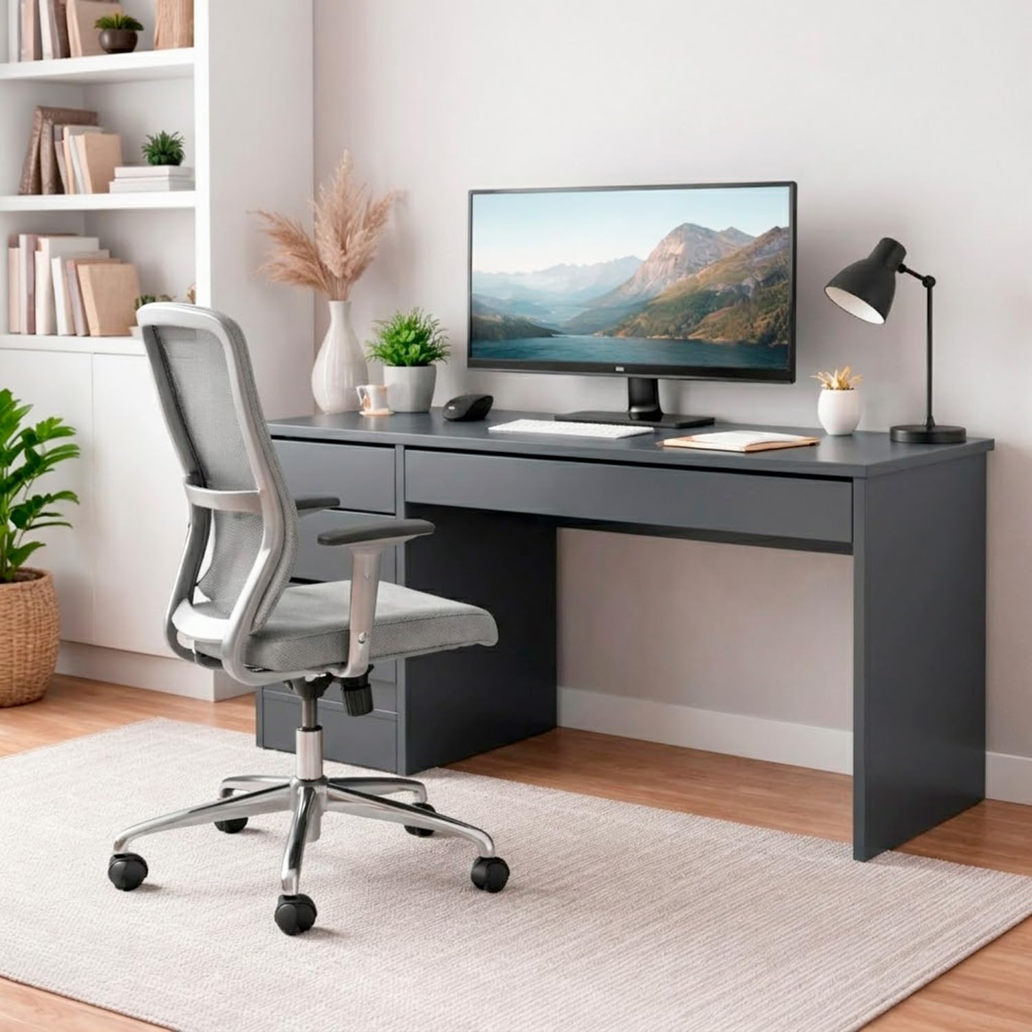 Bricozone Scrivania Moderna 120 Cm Con 4 Cassetti E Cassettone Centrale Design Senza Maniglie Montaggio Reversibile Per Ufficio Studio E Smart Working Struttura Resistente 120x75x55 Cm (Antracite)