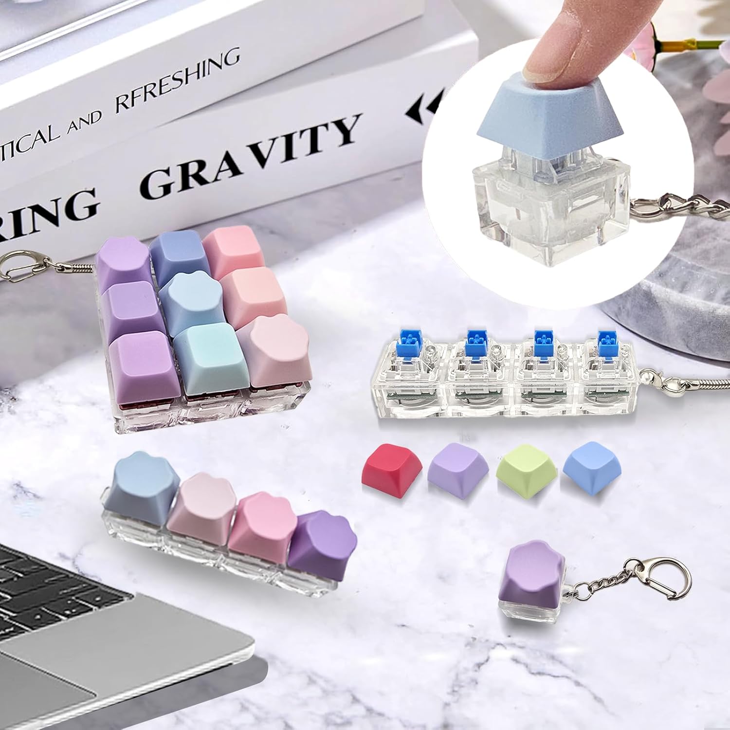 6-Pack Keyboard Fidget Toy with Clicky/Creamy/Silent Switches & 75 Removable Keycaps—Stress Relief Keyboard Clicker Keychain in Gift Box—Calms Anxiety for Adults Office Travel School Home