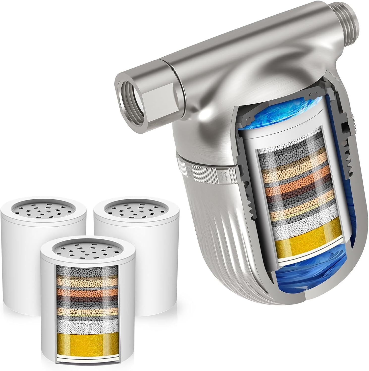 Cobbe Shower Filter | All-METAL Joint | + 3 Pack Replaceable Cartridges（Brushed Nickel）