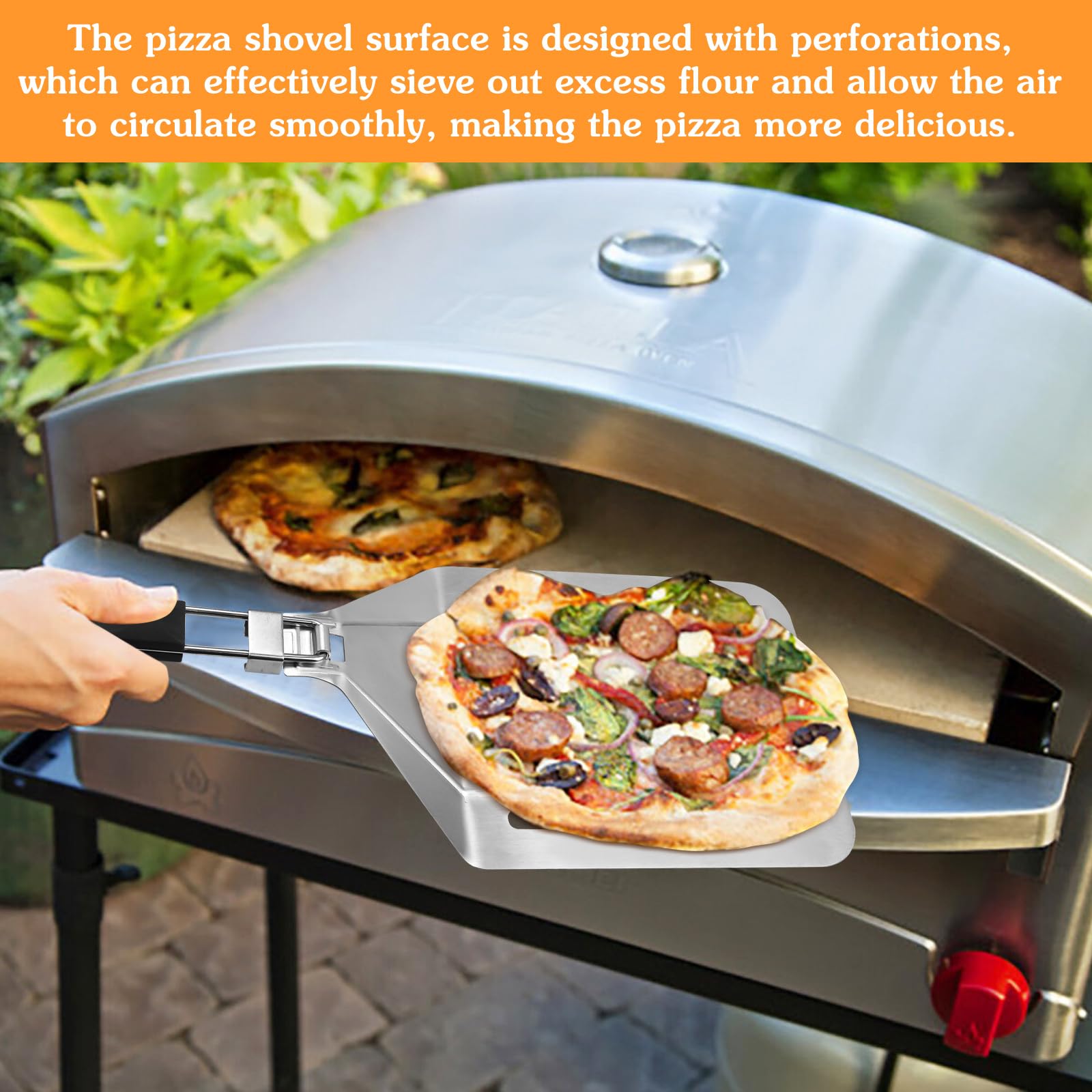 QINERSAW Pala per Pizza con Manico Pieghevole Pala per Pizza in Acciaio Inossidabile con Design Cavo Pala per Pizza Professionale in Metallo con 1 Rullo per Pizza