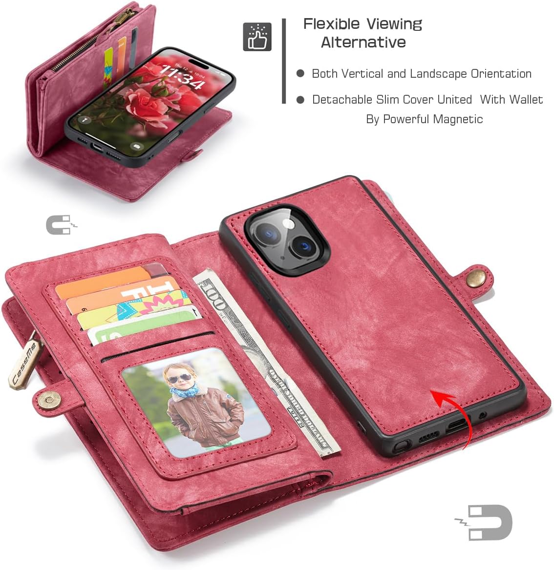 Compatible with iPhone 16 Pro Max Leather Wallet Case Detachable Magnetic Flip Leather Phone Cover with Zipper Pocket Card Holder ShockPro Maxof Detachable Wallet for Woman Man (Red)