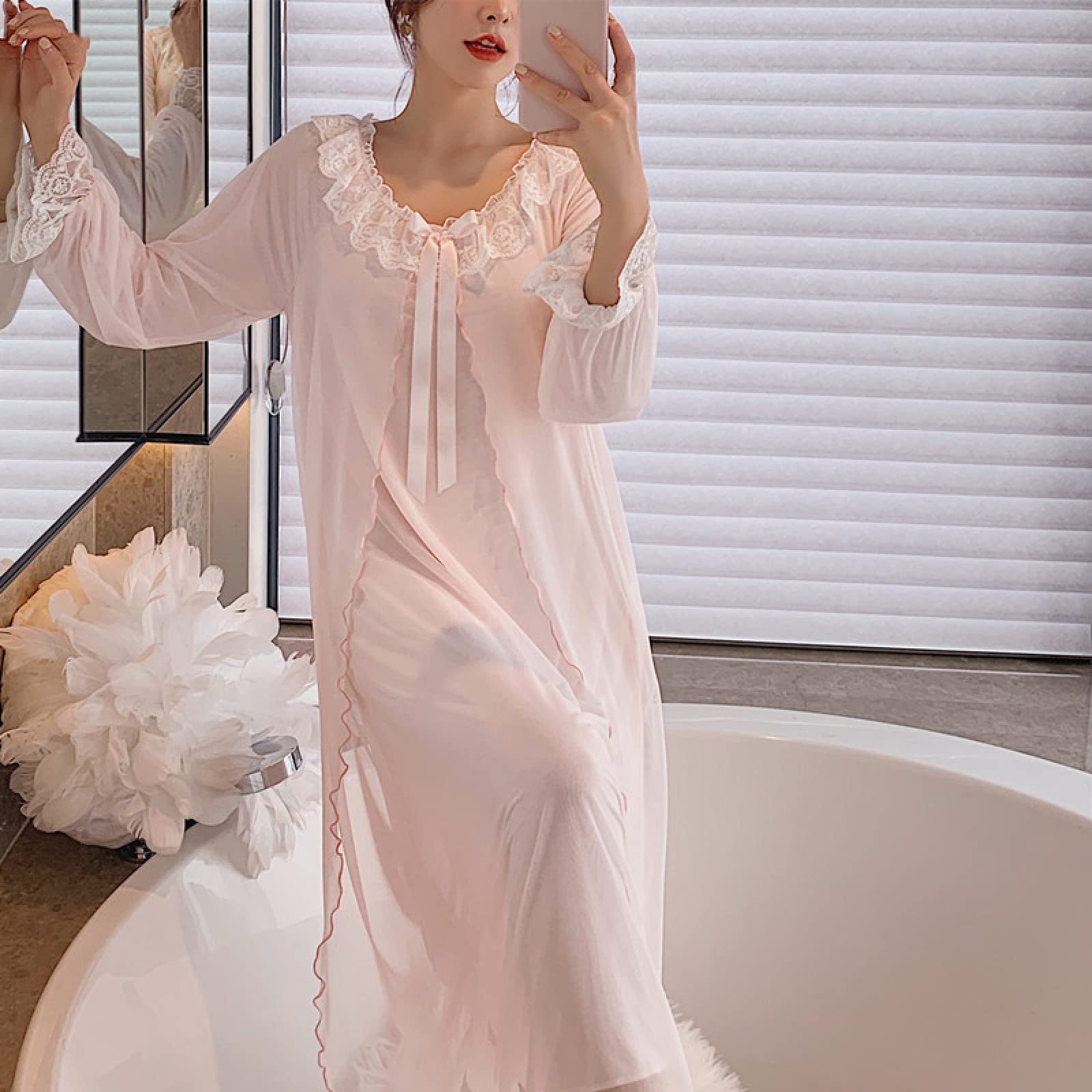 OFFSUM Camicia da Notte Donna - Abito Vintage in Pizzo con Scollo Rotondo Elegante Abito da Sposa in Maglia Camicia da Notte Moda Primavera Estate Principessa Sleepwear Lingerie