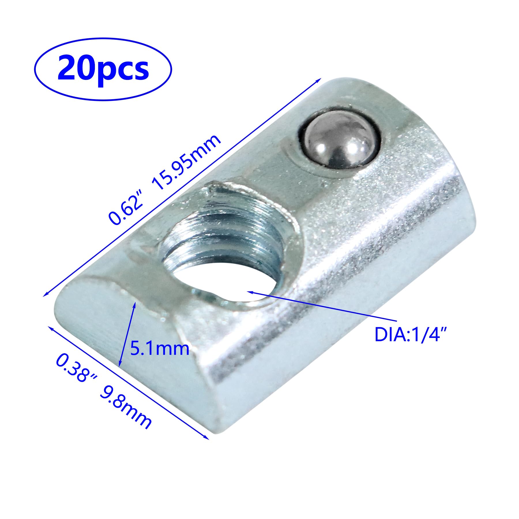 Abeicy 1/4"-20 Threaded Steel Roll In T-Nut With Ball Spring, T-Slot Nuts Accessory Hardware Nuts For 10 Series Aluminum Extrusion Profiles Rail (100 - View #8