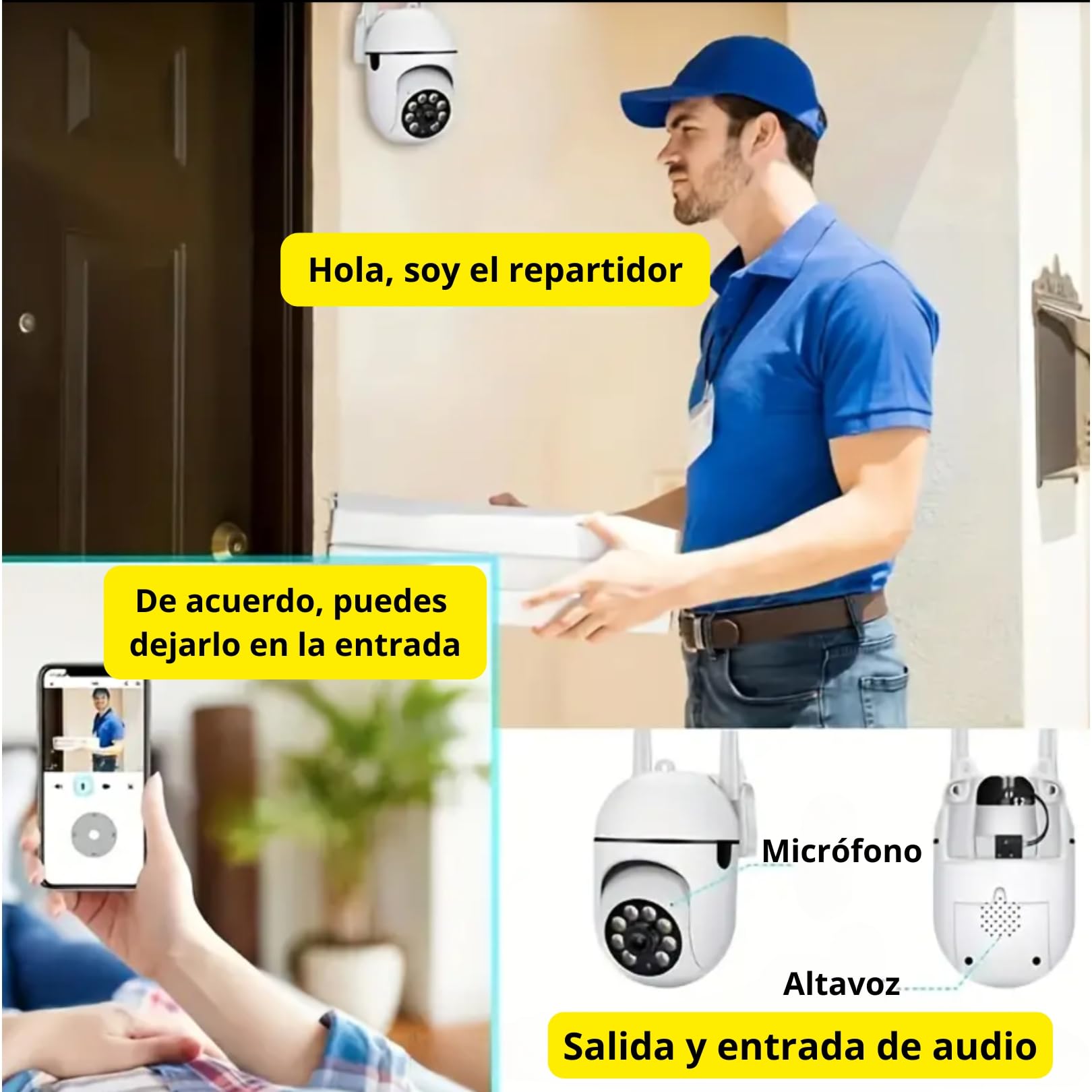 Camara de Seguridad Profesional | Full HD 1080P, visión Nocturna, cámara deteccion Movimiento, Notificaciones Tiempo Real, Admite Tarjeta SD, Control Remoto App movil,Compatible Alexa