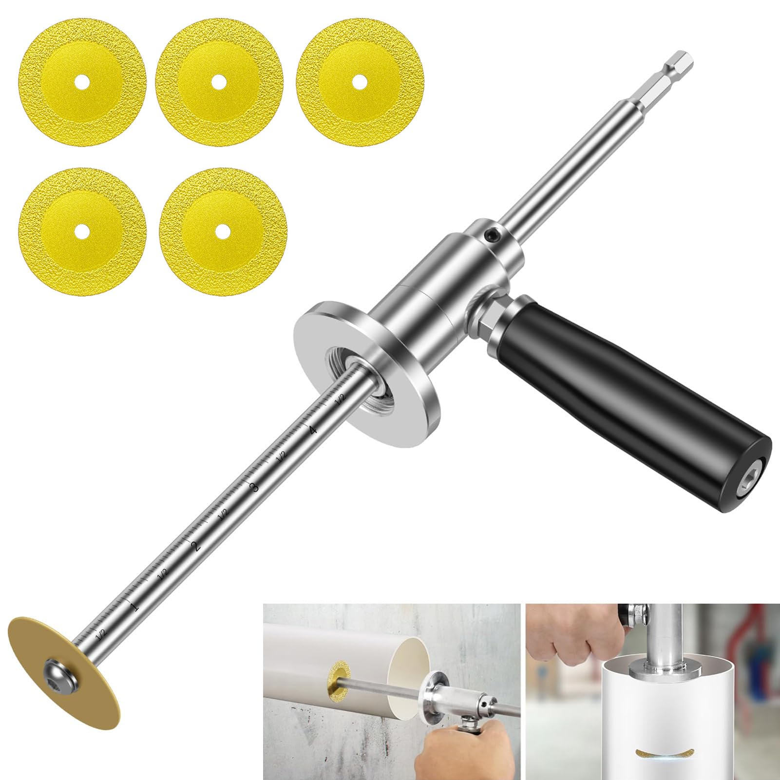 Inside Pipe Cutter, with 5 Replacement Saw Blades, 7" Adjustable Cutting Depth Stainless Steel Plumbing Inside Cutter Tool for 1-1/2 Inch to 8 Inch