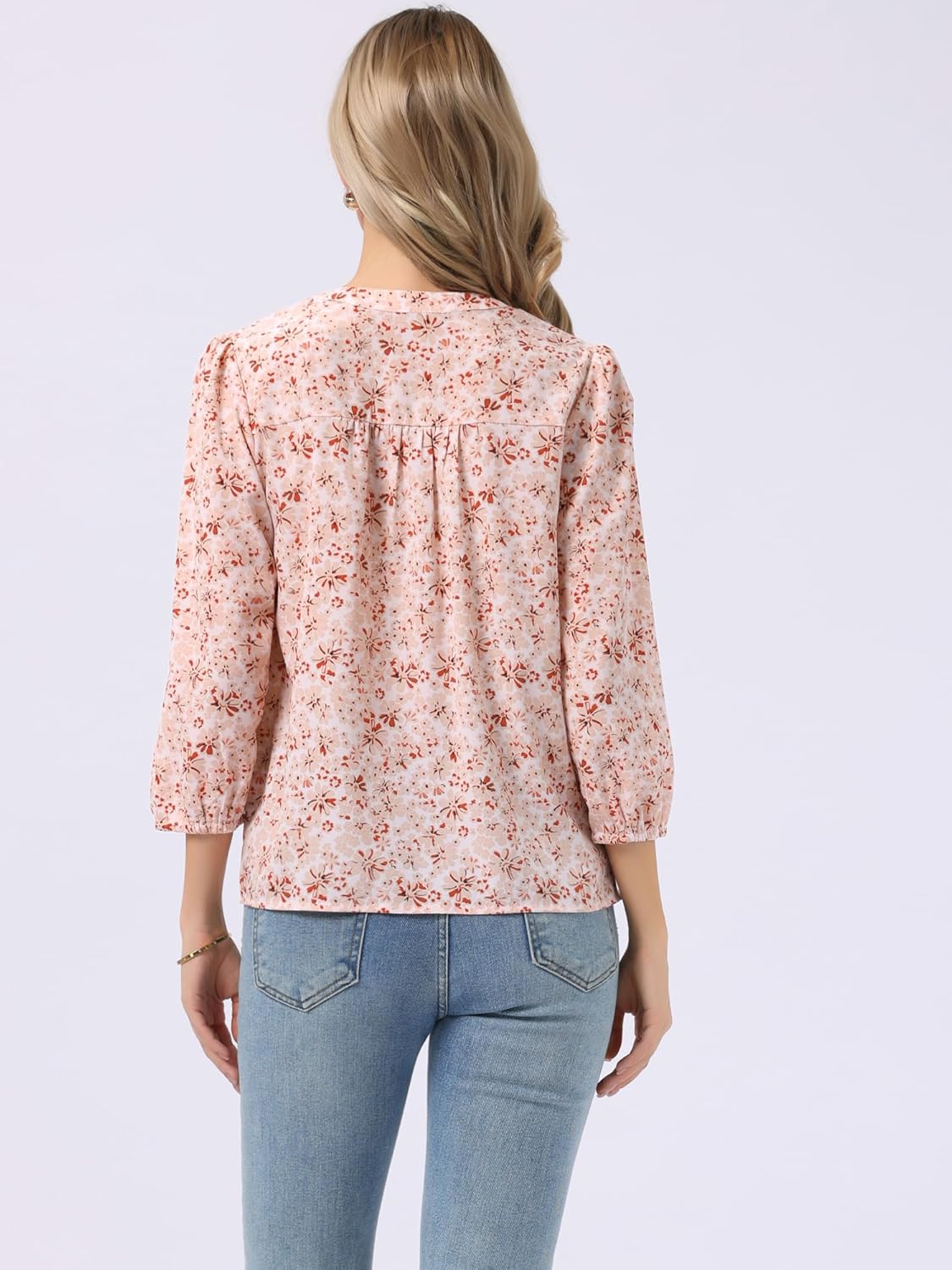 Allegra K V Neck Floral Shirt for Women's 3/4 Sleeve Smocked Front Casual Blouse Top - Image 2