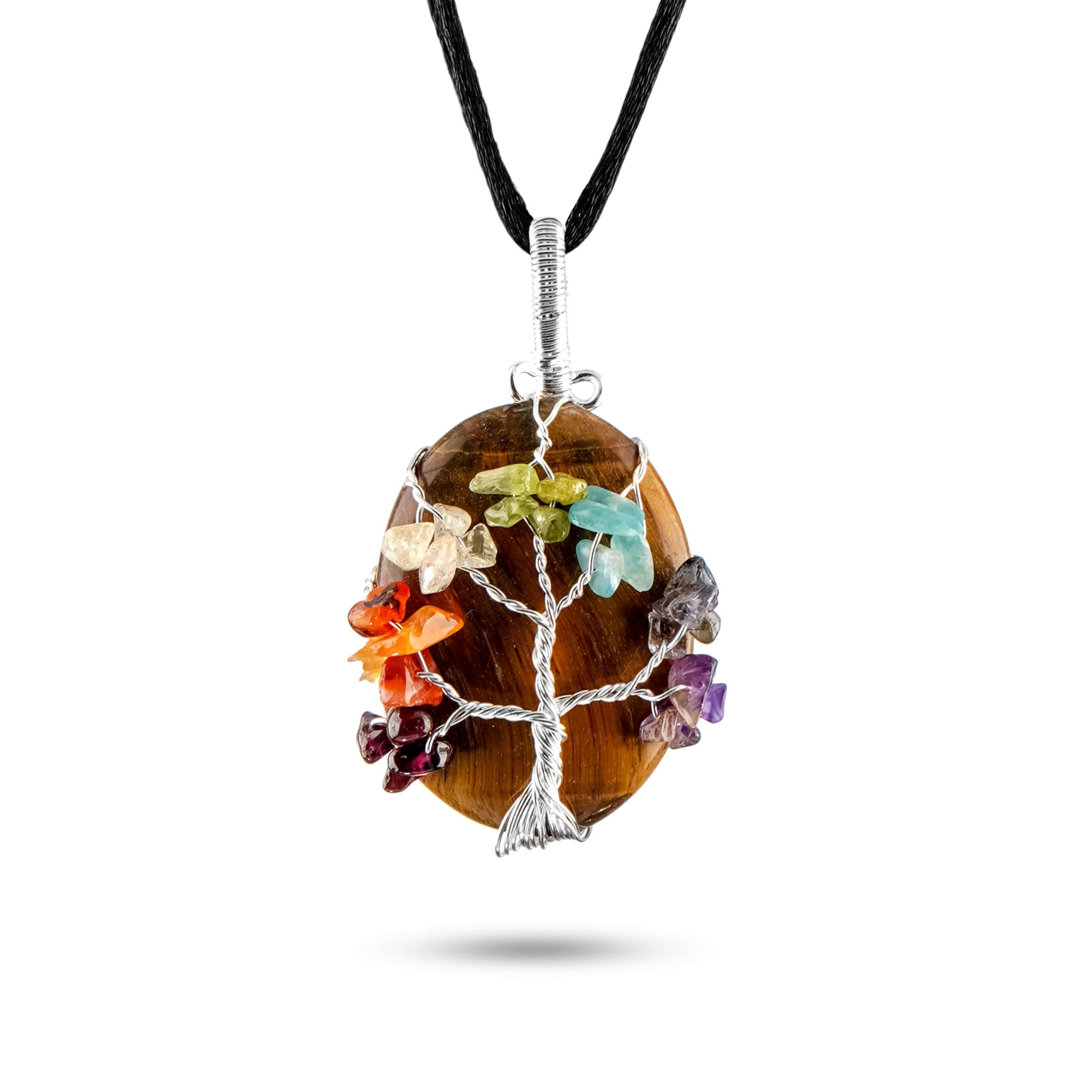 Tiger Eye Healing Crystal Necklace - Strength & Confidence Booster. Tree Of Life Oval Pendant. Promotes Balance & Positive Energy