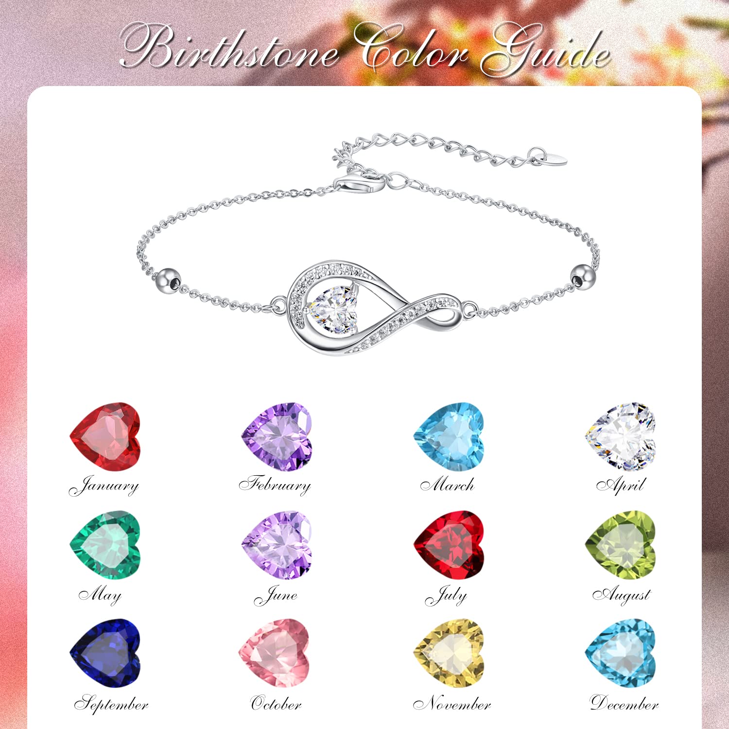 praymos Infinity Bracelets for Womens 925 Sterling Silver Heart Cubic Birthstone Charm Bracelet Adjustable Chain Jewellery Gifts for Her Women Wife Mum