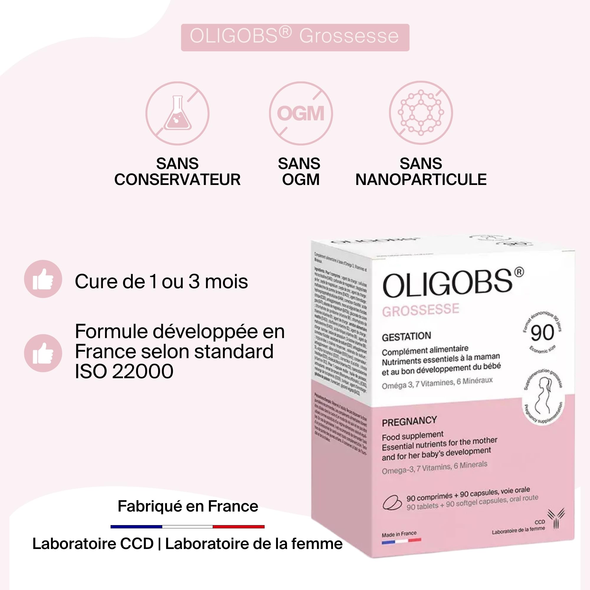 CCD Oligobs Grossesse – Complément alimentaire femme enceinte – Acide folique, DHA, fer – 90 comprimés + 90 capsules – Fabriqué en France