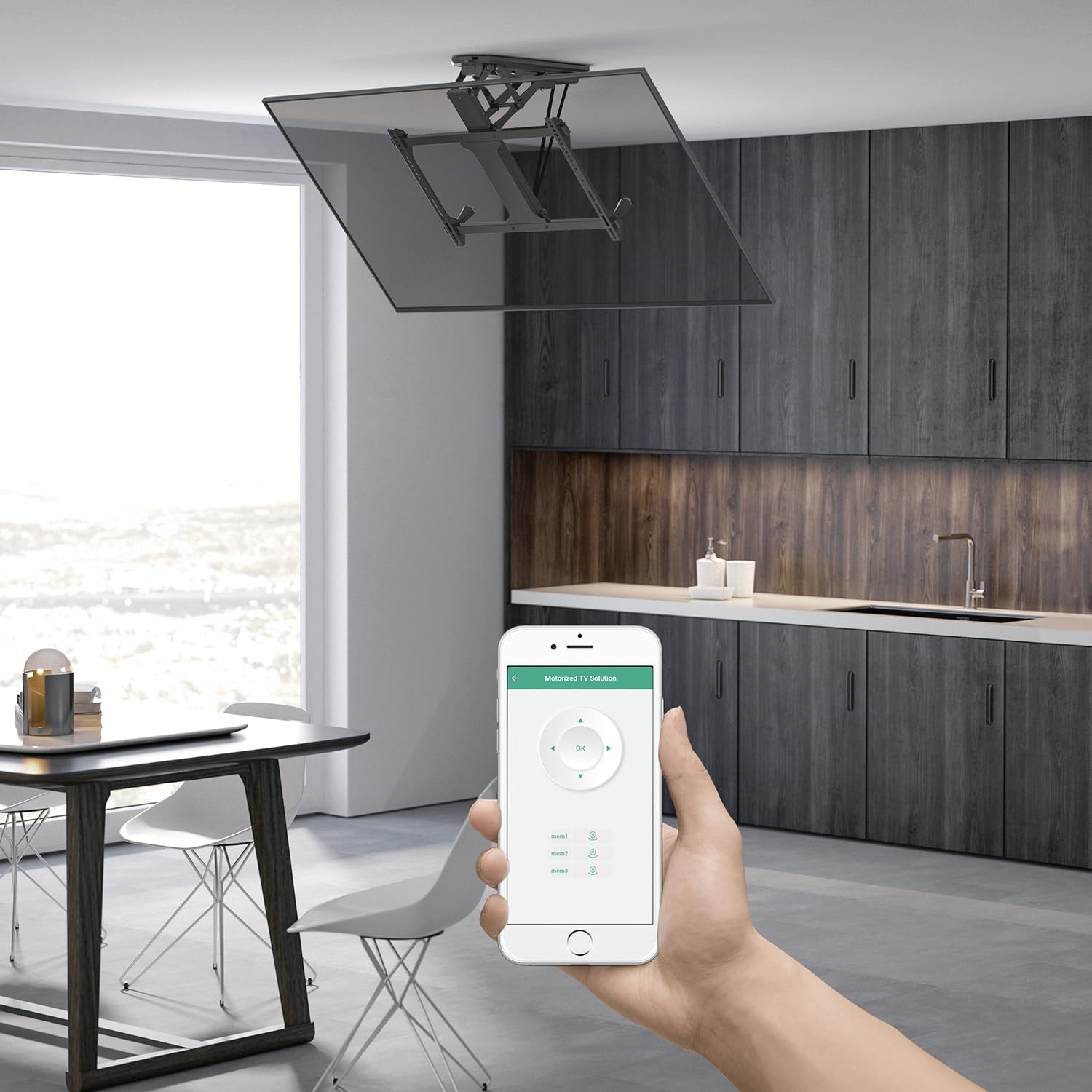 Maclean MC-880T - Soporte eléctrico inclinable para TV (32-70", con Control por aplicación, para Techo Inclinado, Incluye Mando a Distancia hasta 35 kg, VESA 600 x 400 cm)