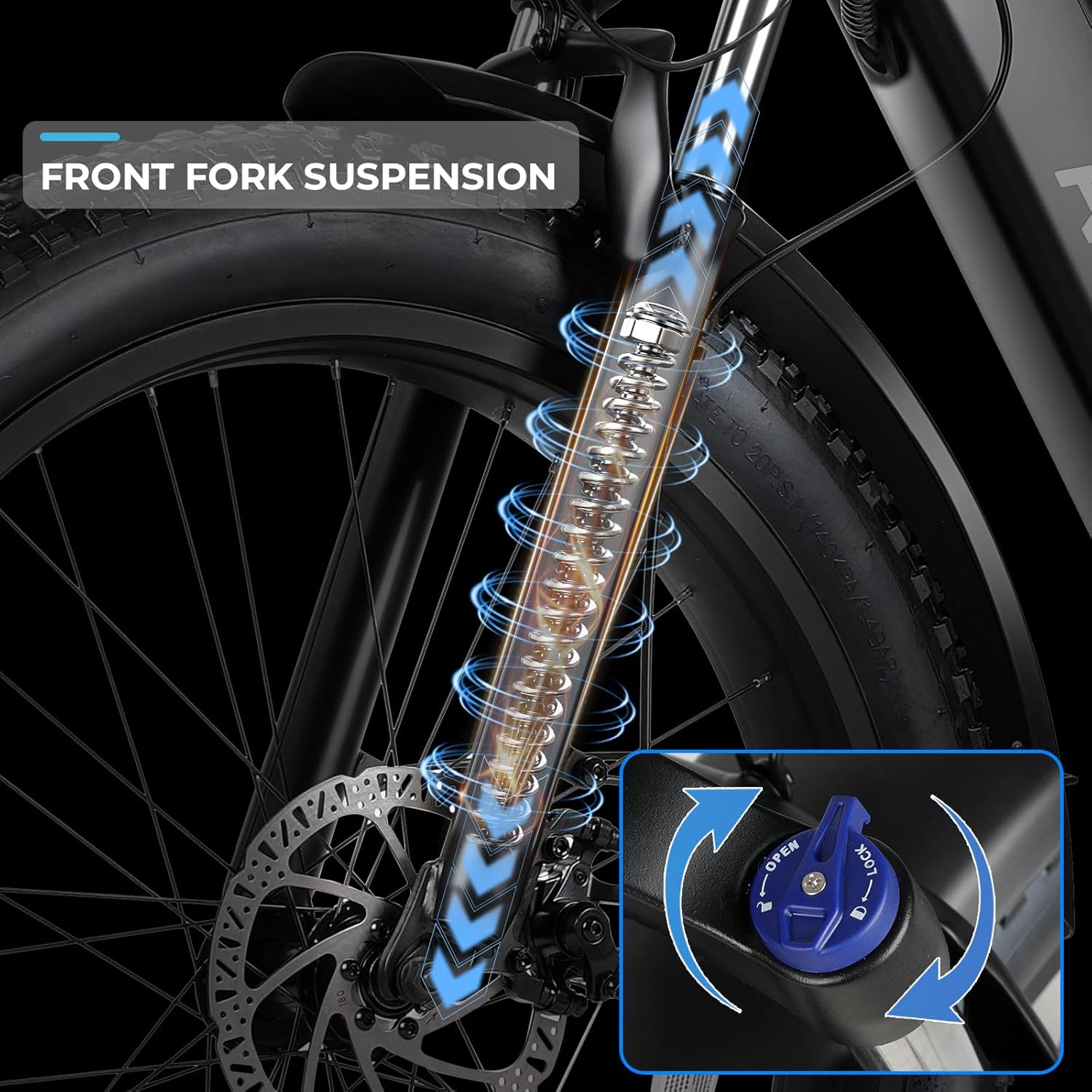 Close-up of the ANCHEER electric bike's front fork suspension