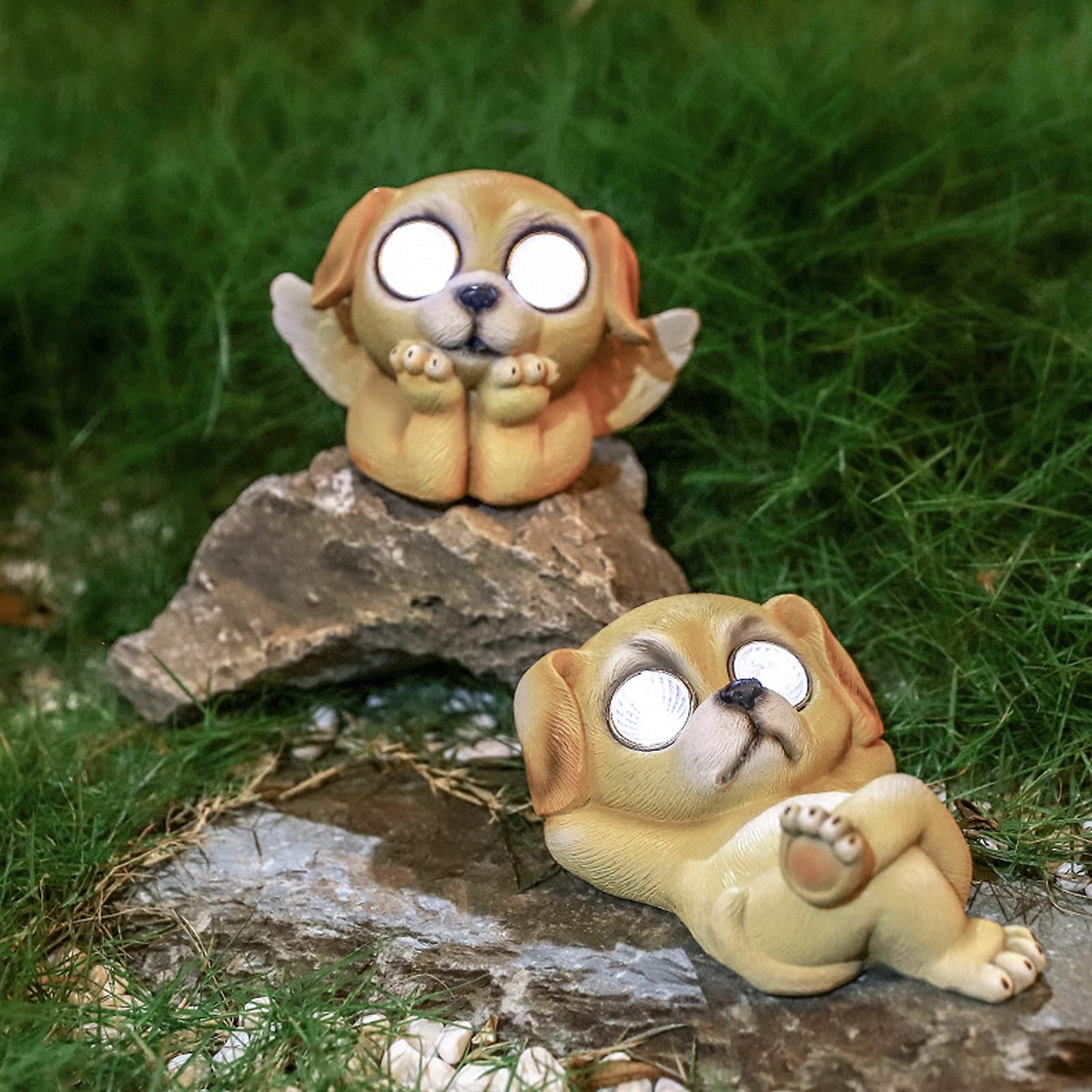 Ozdoby outdoorowe, żywica statuetka psa z oświetleniem słonecznym, wodoodporna figura ogrodowa z bajką dekoracja, trawnik, podwórze, zawieszenie stelaża, prezent na prezent