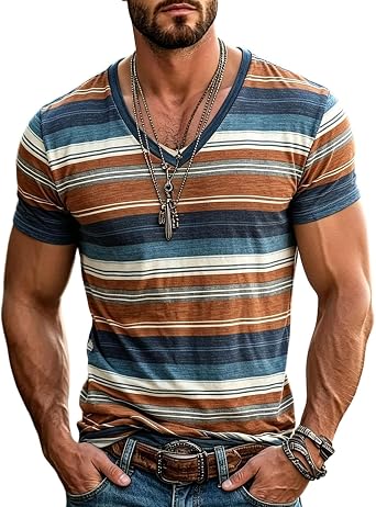 V Neck T Shirts Men Vintage Pleated Striped Short Sleeve Mens Graphic Tees Loose Fit Casual Tops Summer Soft Blouse Khaki Medium