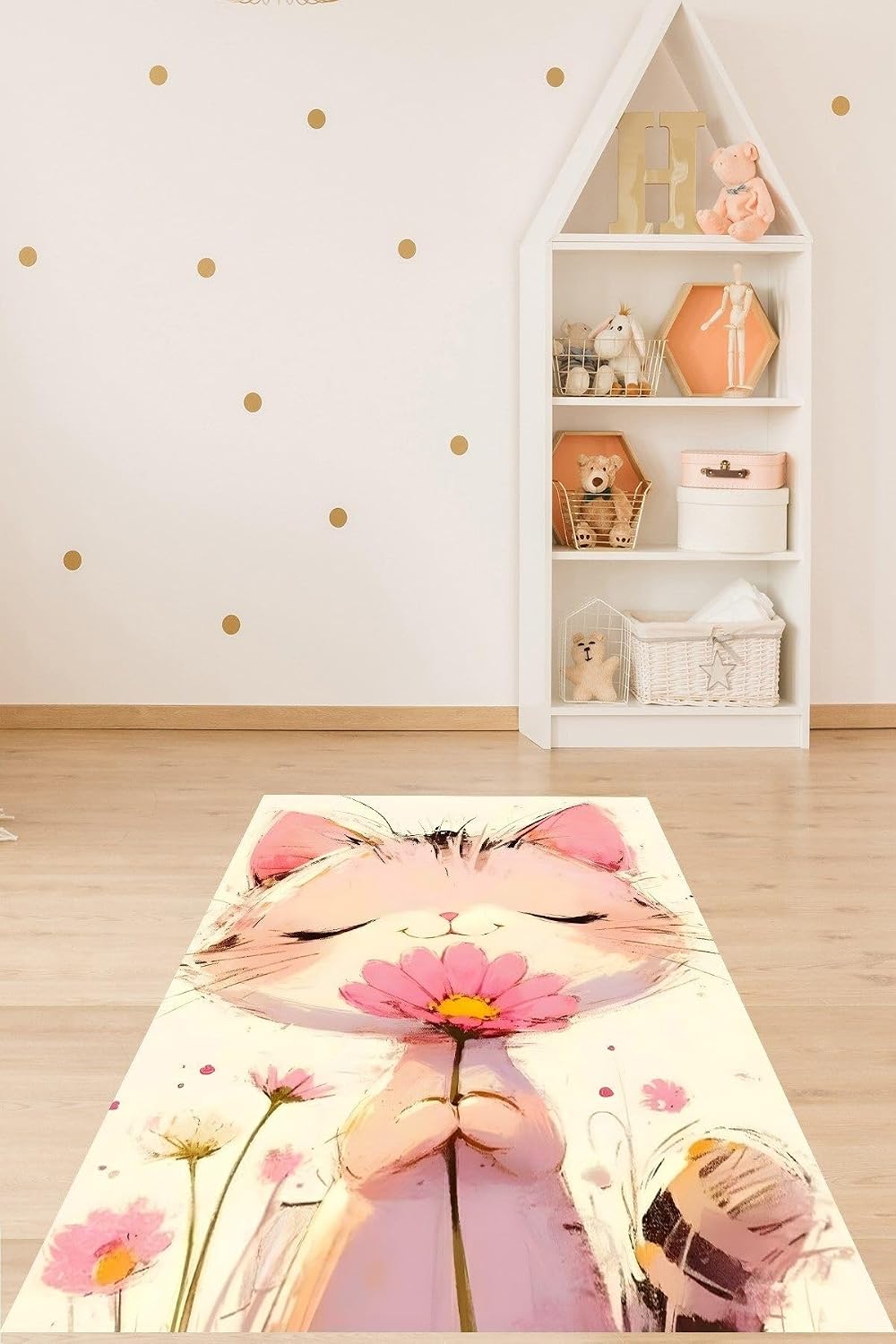 Pelangi Çiçekli Kedicik Yıkanabilir Kaymaz Taban Leke Tutmaz Çocuk Odası Halısı, Beyaz-Pembe-Kahverengi 120 x 180