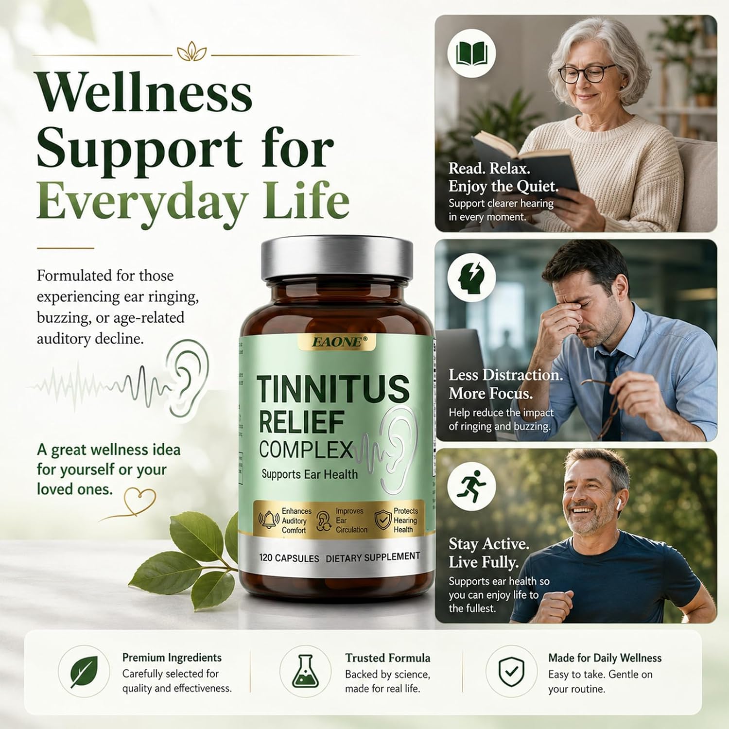 Tinnitus Relief for Ringing Ears, 120 Capsules, Ear Ringing Support Supplement with Vitamin C and B Complex, Helps Reduce Ear Noise and Buzzing, for Inner Ear Balance and Auditory Clarity, 60 Day