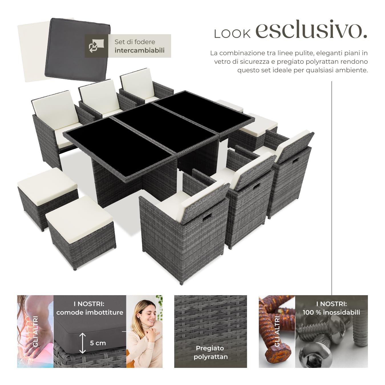 Set di Mobili da Giardino Poli Rattan Alluminio 6 Sedie 1 Tavolo 4 Sgabelli Grigio