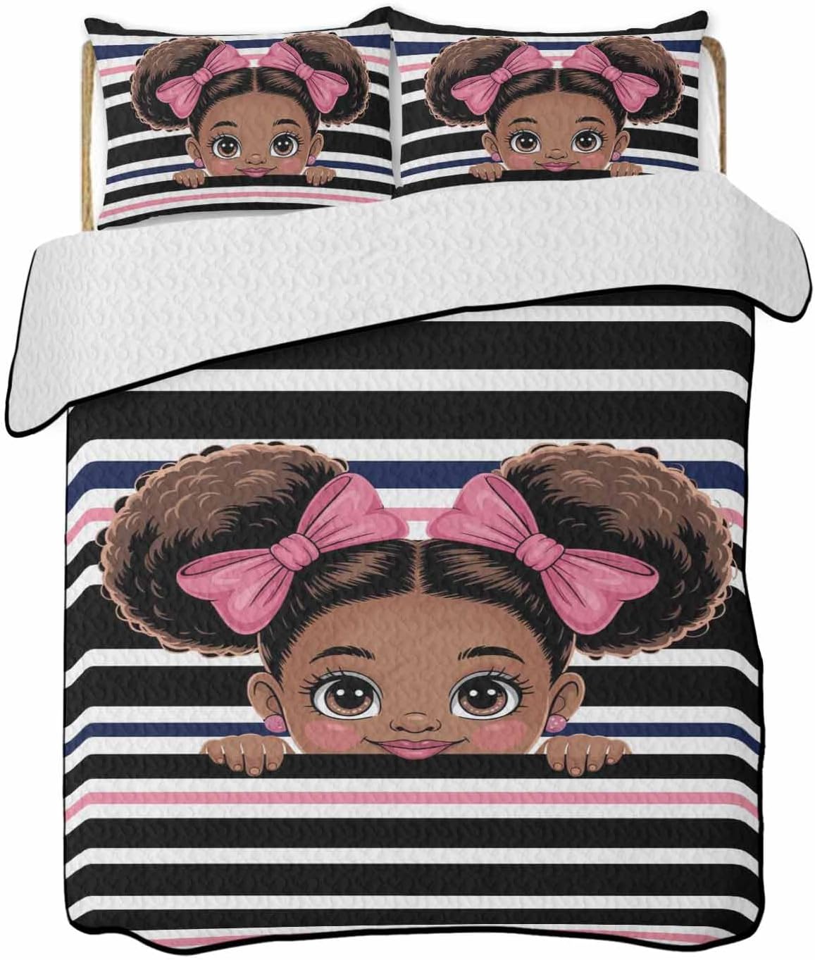 Black Pink Stripes Quilt Full Size, Cartoon Funny Cute Bow Girl Striped Reversible Quilt Bedding Set with 2 Pillow Shams, Lightweight Soft Bedspread Coverlet Comforter Set for Bed Couch 78"x90"