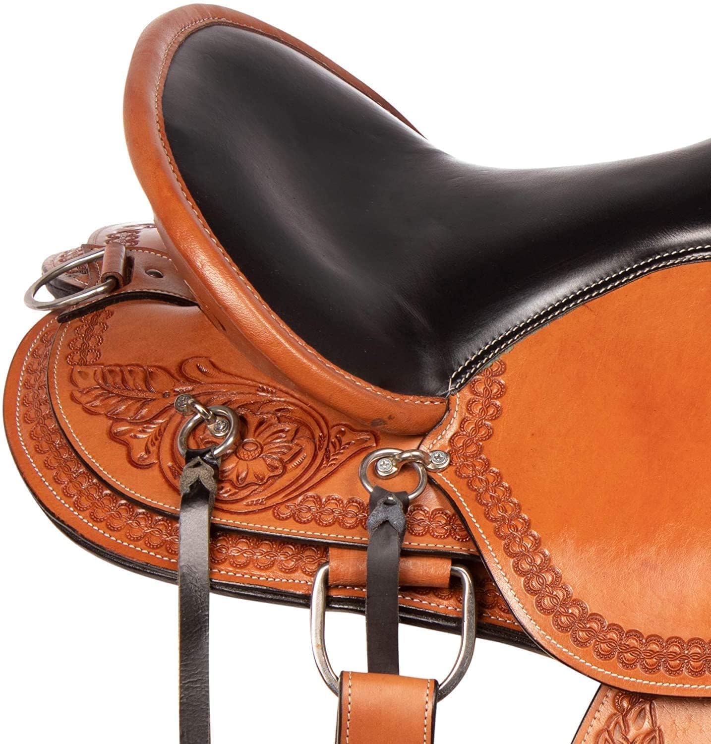 BNB International Leather Western Endurance Trail Horse Saddle Handmade Comfort with Horn Equestrian Horseback Riding Tack, Matching Headstall,Breast Collar,Reins Size:14"-18" inches Seat, M08