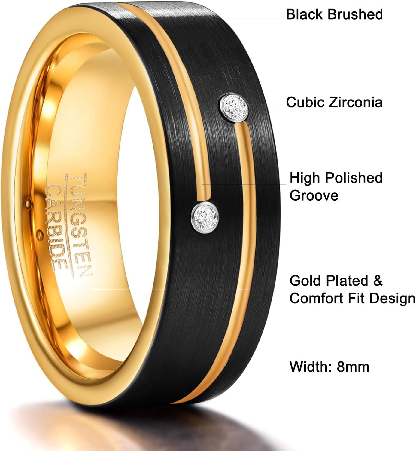 Vakki Black Gold Wedding Ring 8mm Black Brushed Finish Gold Groove Wedding Bands with Cubic Zirconia Jewelry Gift for Anniversary Birthday Mother Comfort Fit Size 7-12