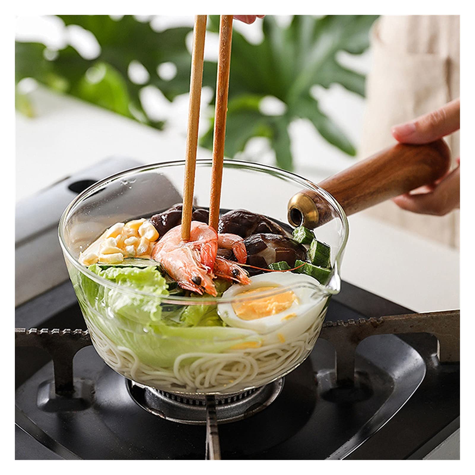 Ensaladeras Leche de vidrio Pote de fideos Sopa de fideos Foto de Stock Pote de avena Pan de cocción Hervido Calefacción Pote más cálido con mango de madera Ensalada Cocinar utensilios 600ml Tazones d