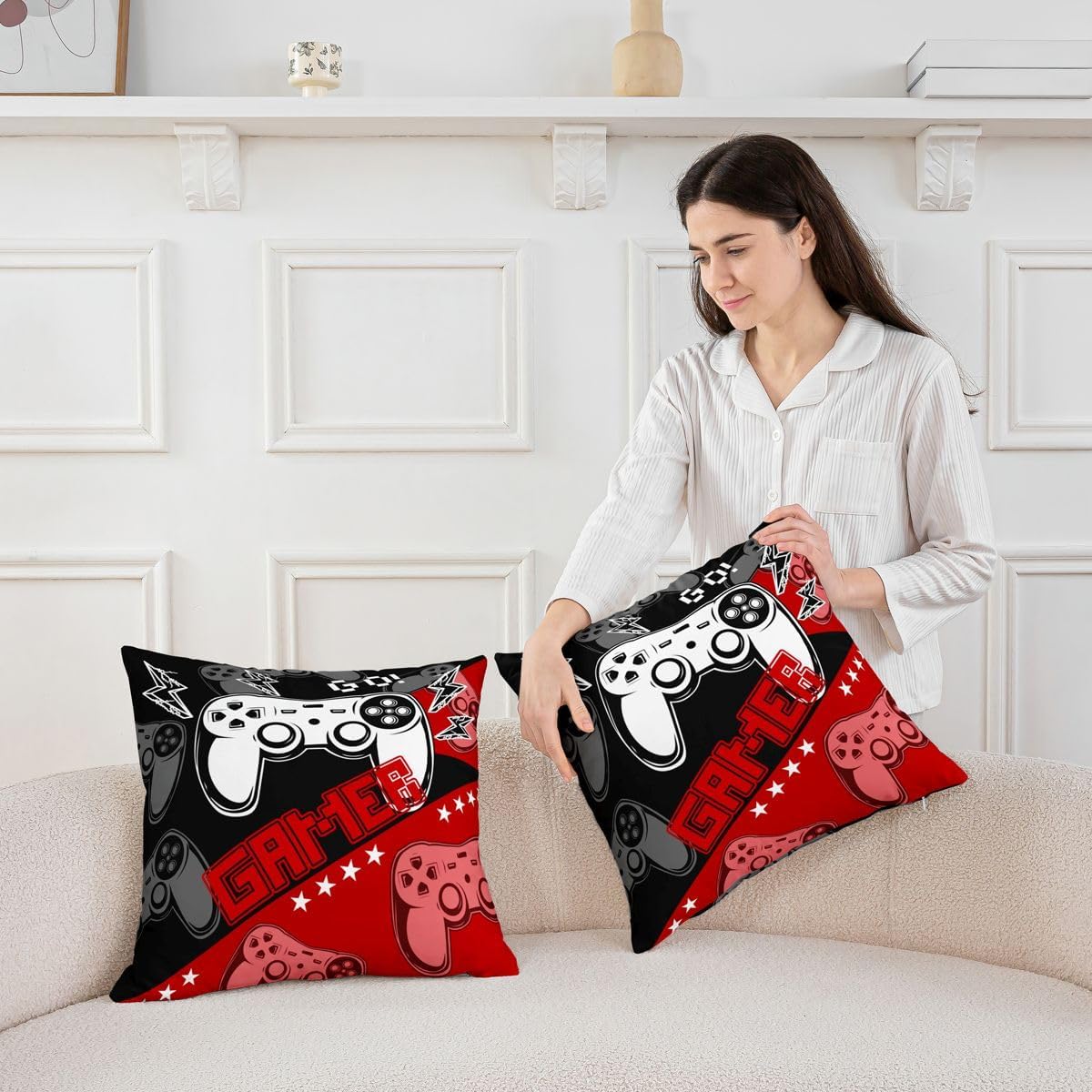 Video Game Throw Pillow Covers Cute Cartoon Gamer Game Controller Pillow Cases for Kids Boys Teens Adults Modern Black Red Grid Hippie Cushion Covers for Housewarming Party 18x18 Inch Set of 2 image 3