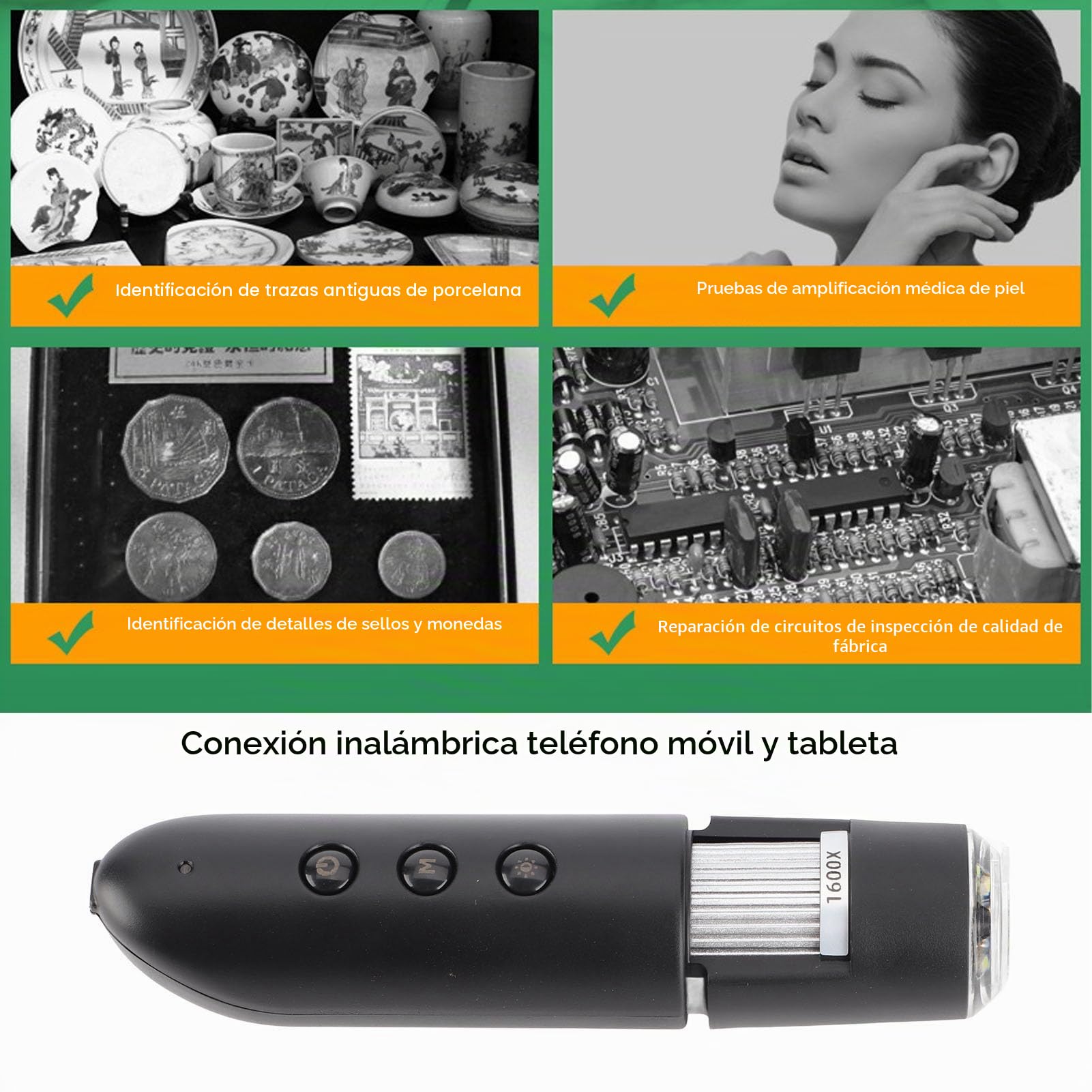 Microscopio Digital Inalámbrico, Detector de Pelo de Piel con Aumento de 1600X, Microscopios Portátiles WiFi, Lupa HD con Luz LED, Analizador de Piel
