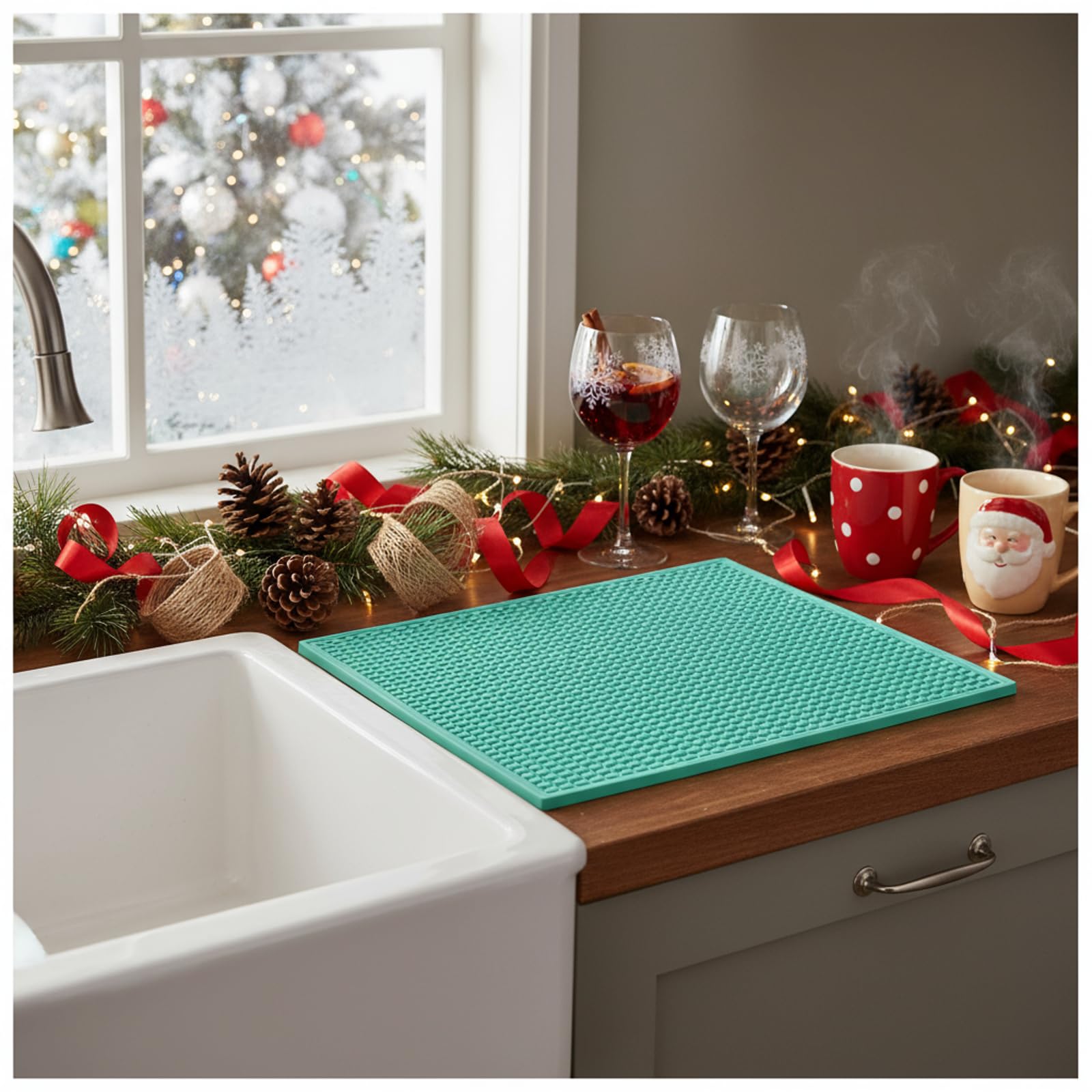 Tioncy 4 tappetini da bar per piano di lavoro, 45,7 x 30,5 cm, tappetino in gomma antiscivolo verde natalizio per lavello, forniture essenziali, accessori per barista per Natale, casa, cucina