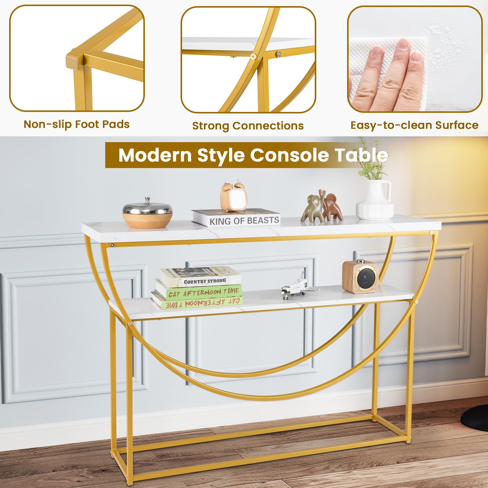 LIFEZEAL Consolle Ingresso, Tavolo Consolle, Moderno, Salvaspazio, Dorato, Oro e Bianco, con Effetto di Marmo, Telaio ad Arco, Console Entrata, Corridoio, in Legno, Metallo, Max 50kg, 120x30x80,5cm