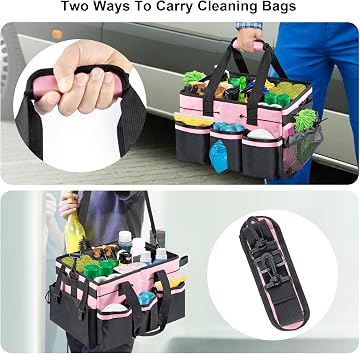 Cleaning Caddy Organizer with Handle, Large Multi-Compartment Cleaning Tote Bag with Removable Dividers, Adjustable Shoulder Strap & Waist Belt for Cleaning Supplies (PINK)