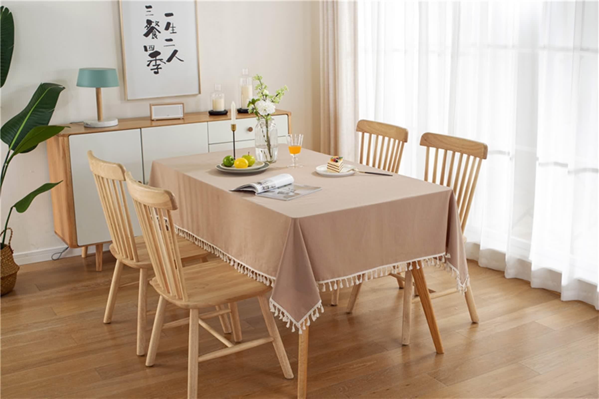 Tovaglia Cotone, Tovaglia Festa Beige Giallo Tinta Unita con Nappa Copritavolo 140X200CM per Soggiorno Cucina