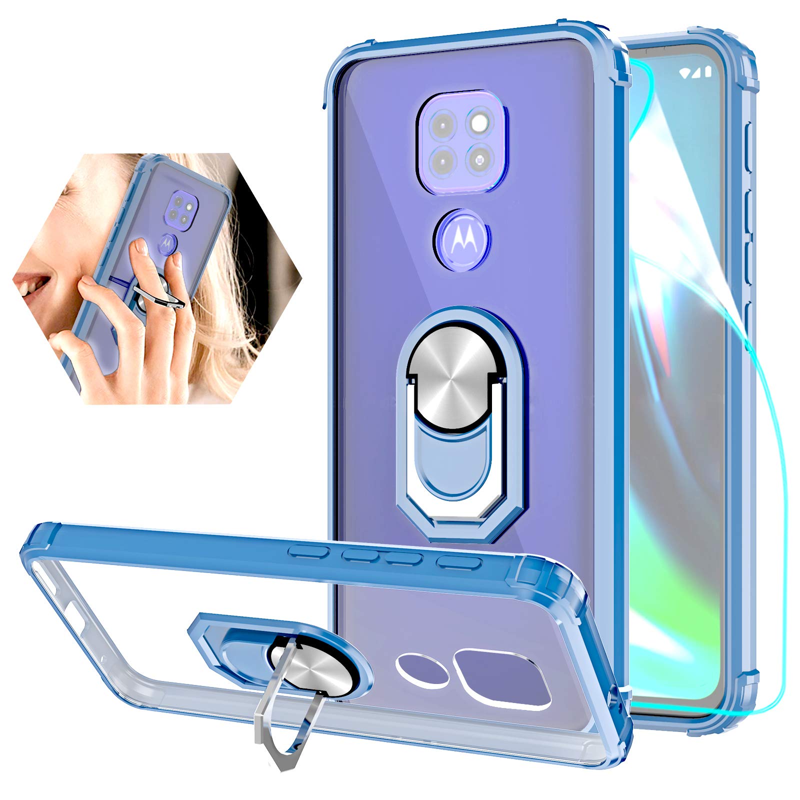 ZingCon Compatible for Motorola Moto G9 Play Phone Case,E7 Plus Case,[HD Screen Protector] Shockproof Defender Clear Back Cover with Rotating Ring Kickstand Fit Magnetic Car Mount-Blue