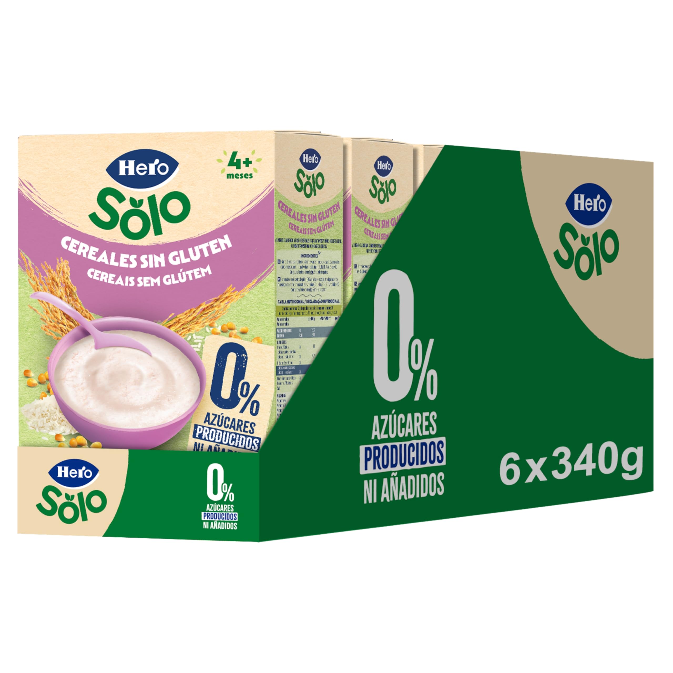 Hero Solo Papilla Cereales Sin Gluten ni Azúcares Añadidos, Rica en Fibras y Vitaminas, Sabor natural para Bebés, a partir de 4 meses