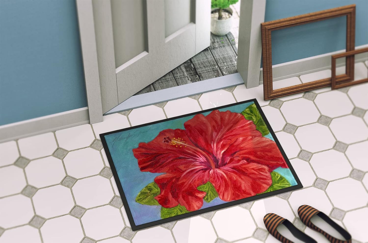 Caroline's Treasures TMTR0319JMAT Red Hibiscus by Malenda Trick Doormat 24x36 Front Door Mat Indoor Outdoor Rugs for Entryway, Non Slip Washable Low Pile, 24H X 36W