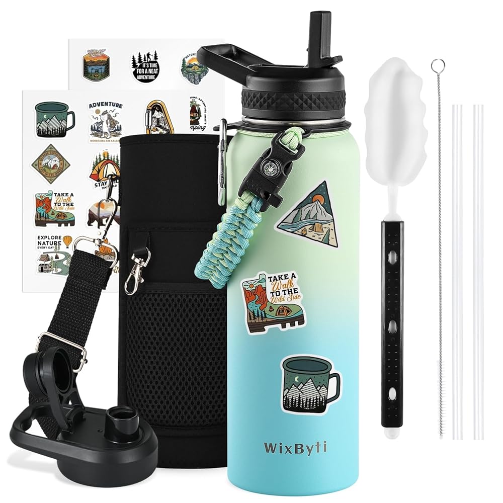WixByti 40 oz Insulated Water Bottle with Straw (Cold for 48 Hrs), Stainless Steel Triple Wall Vacuum Sports Water Jug, Leakproof Hydro Cup Flask with Paracord Handle & Straw Spout Lids & DIY Stickers