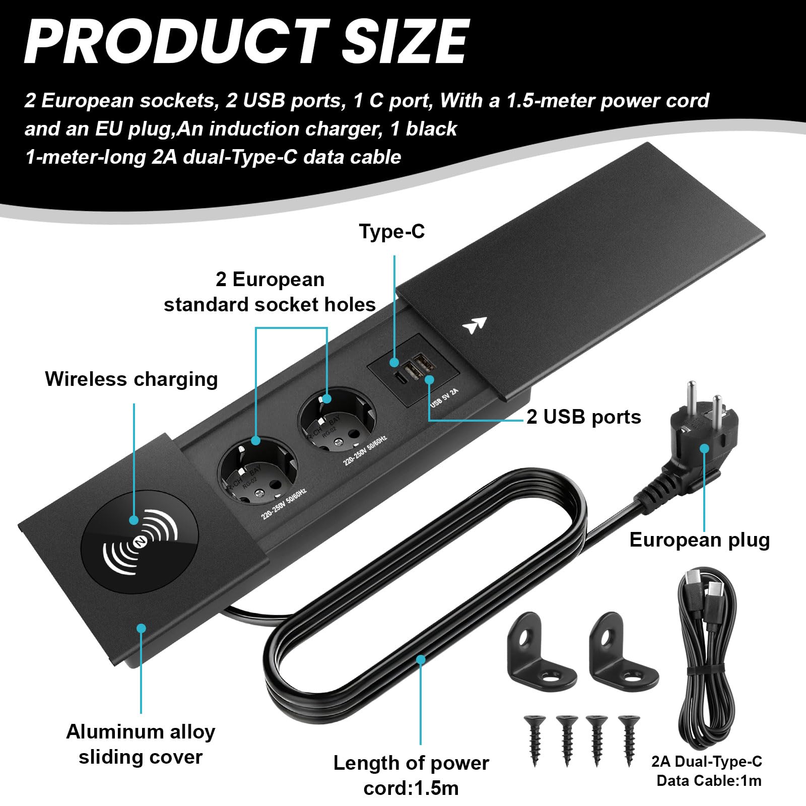 Enchufe empotrable retráctil con Tapa, 2 enchufes, regleta USB C PD | enchufe de mesa, enchufe empotrado, para escritorio, cocina, oficina, mesa de sofá, mesa de conferencias, color negro