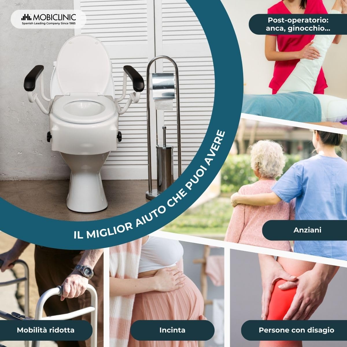 Mobiclinic®, Rialzo per wc Anziani, Tajo, Braccioli pieghevoli, Persone disabili, Coperchio, Regolabile in 3 altezze, Bidet, Inclinabile, Ausili, Bianco