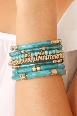 RIAH FASHION Bohemian Bead Multi Layer Versatile Statement Bracelets - Tubular Charm, Sparkly Crystal Stackable Stretch Bangles