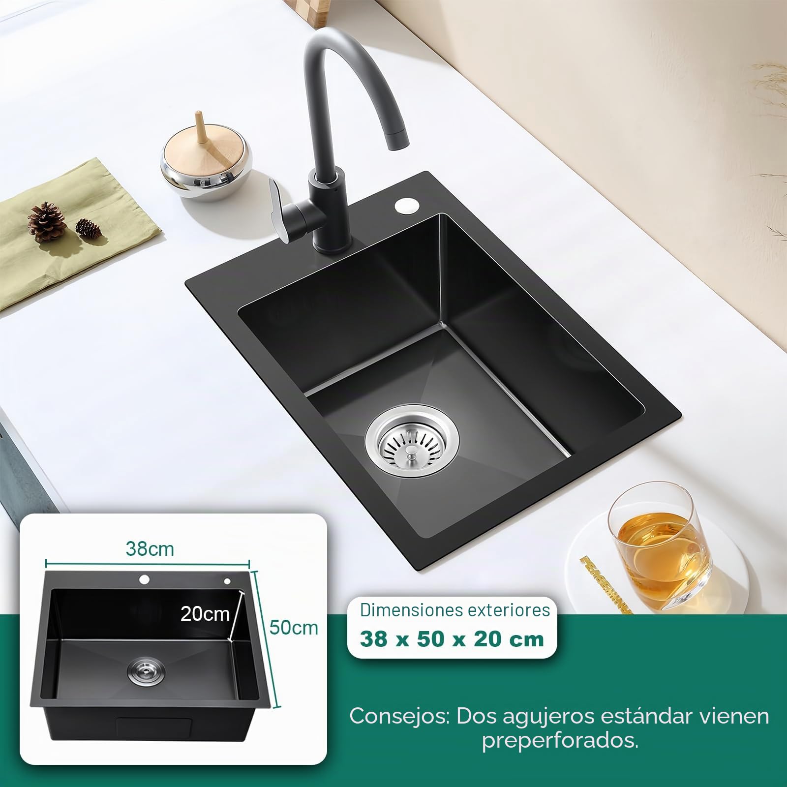 Fregadero Cocina 38 x 50 cm, Fregadero Negro Bajo Encimera, Acero Inoxidable, Con Accesorios de Drenaje y Escurreplatos, Ideal Para Cocinas Pequeñas, Bares o Lavaderos (38x50cm)